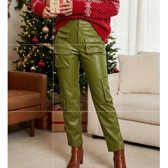 AFRM Pants - AFRM Moss Green Faux Leather Cargo Pants High Rise Straight Leg Utility | Small